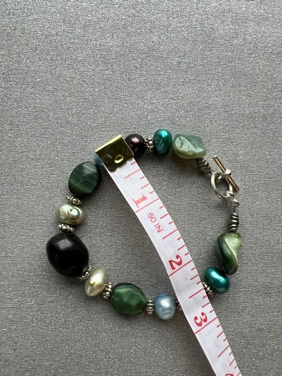 Handmade Multicolor Green and Pearl Tone Beaded 3” Bracelet - Picture 10 of 12